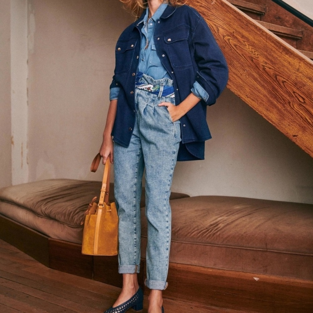 Sezane Austin Trouser Blue Denim Jeans High Waist Paperbag Size  US 2